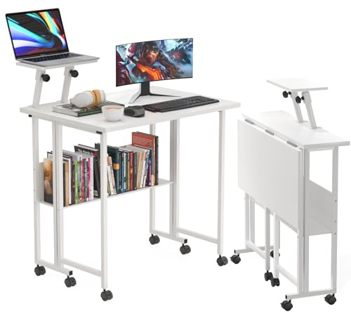 CHOWGOLI Schreibtisch Klappbar, Klappbarer Computertisch mit Rollen, Klappbarer Schreibtisch mit Lagerregale, Platzsparender Klappschreibtisch, 80x58x75cm, Weiß