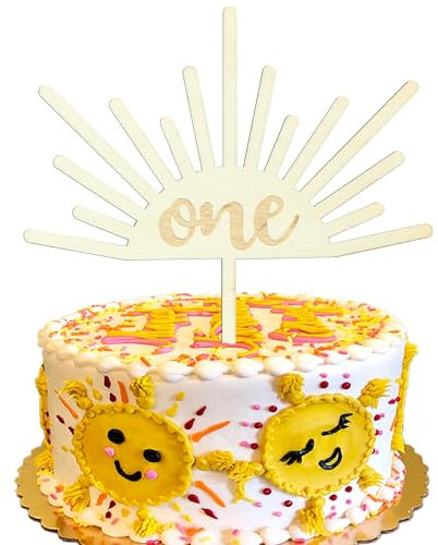 Gyufise 1Pcs Sun One Cake Topper 1st Birthday Cake Decoration One Year Old Wooden Sun Cake Topper First Trip Around the Sun You Are My Sunshine Cake Smash Photo Booth Props B-day Bar Party Supplies
