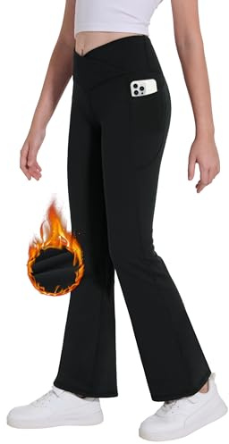 Desol Pantalones térmicos de diseño cruzado para niña con bolsillos para adolescentes, leggings elásticos acampanados para deporte y yoga, pantalones de gimnasia ideales y pantalones de chándal, Negro