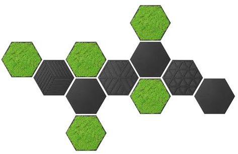 ebenkunst Moosbild Hexagons 11er Set Master Wanddeko 6 Farben | 11-teiliges Hexagon-Moosbild aus schwarz durchgefärbtem MDF, 10 mm stark, 6 Farben, ca. 125 x 80 cm, Made in Germany
