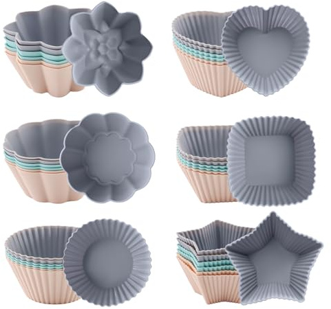 TOKSEO 36 pirottini in silicone per muffin, 6 tipi, antiaderenti, in silicone, riutilizzabili, per torte, budini, torte (3 colori)