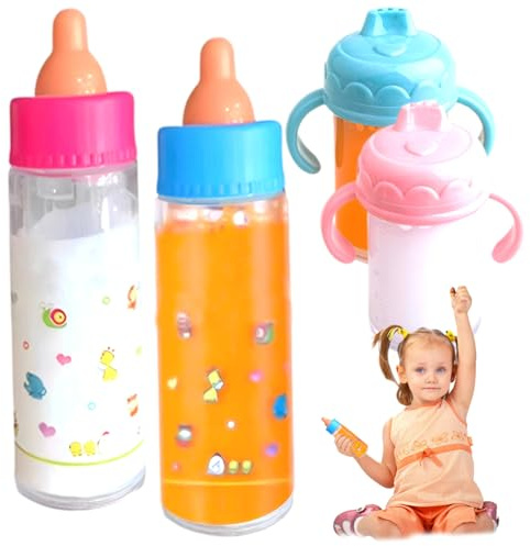 6PCS/Set Baby Doll Bottles Set, Funny Magics Baby Doll Bottles with Disappearing Milk or Juice, Simulation Dolls Accessories for Kids Gift