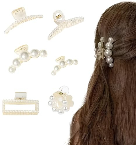 6 Stück Perlen Haarklammer Set Eleganter Haarspangen für Dickes Dünnes Haar Charmant Haarschmuck Damen Mädchen Groß Klein