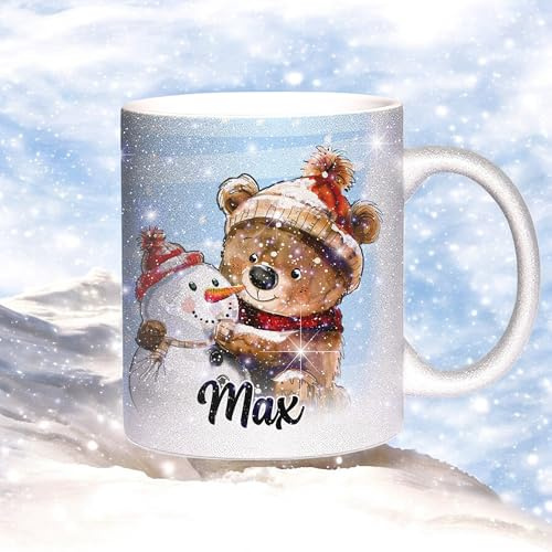 Sunnywall Keramik Tasse Kaffeebecher Glitzertasse Weihnachtstasse Winter | Keramikbecher 330 ml spülmaschinengeeignet für Kaffee Tee Büro Alltag mit Motiv und Namen personalisierbar