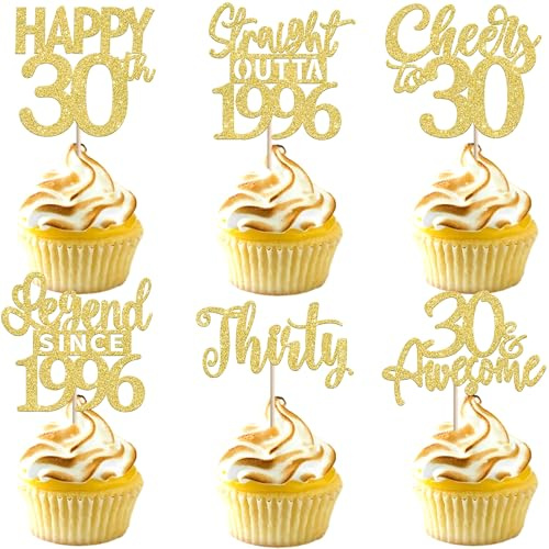 SYKYCTCY 24 Pack Happy 30th Birthday Cupcake Toppers Glitter Thirty Straight Outta 1996 Legend Since 1996 Cupcake Picks for Cheers to 30 Years Birthday Wedding Party Decoration Supplies