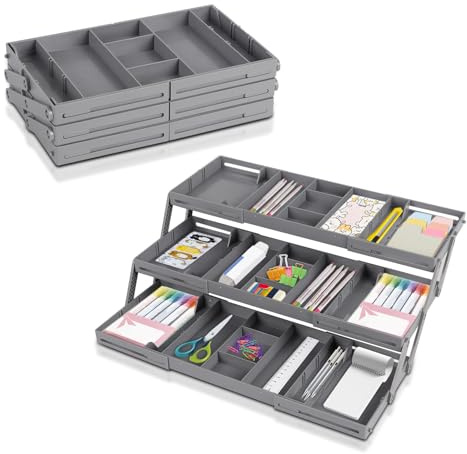 Organizador de Cajones Expandible de 3 Niveles, Organizador de Maquillaje Cajones Plegable, Bandejas Organizadoras de Cajon Escritorio para Maquillaje, Joyas, Papelería y Oficina, Gris (Una sola fila)