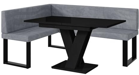 MEBLINI Eckbank für Esszimmer mit ausziehbarem Tisch - Küchenbank - Essecke - Sitzecke Küche - Toni - U-Beine 128x168x87cm Links - Grau Samt/M Schwarz Hochgl.