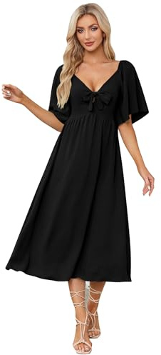 IDOPIP Kleid Damen Sommer Kurzarm Freizeitkleid mit Fliege Einfarig V-Ausschnitt Midikleid A-Linie Partykleid Cocktailkleid Elegant Festlich Hochzeit schwarz L