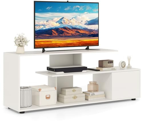 COSTWAY Meuble TV, Meuble Télé pour 55 au Max, Design S, Rangement Ouvert, Grand Compartiement, Petite Armoire à Porte, Meuble TV Moderne pour Salon, Chambre (Blanc)
