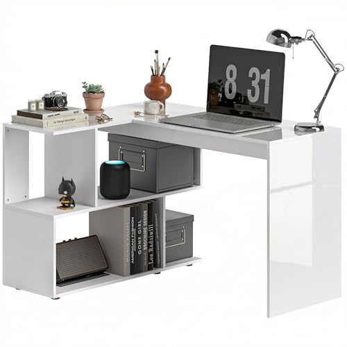 HOMCOM Scrivania Angolare per Computer in Legno, Scrivania ad Angolo con 4 Ripiani Portaoggetti per Ufficio, Studio e Soggiorno, Stile Moderno, 120x100x77 cm, Bianco Lucido
