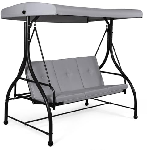 RELAX4LIFE 3 Seater Swing Chair, Garden Swing Seat Chair with Adjustable Canopy and Cushions, Outdoor Patio Hammock Convertible Bench for Balcony Backyard Poolside (Grey)
