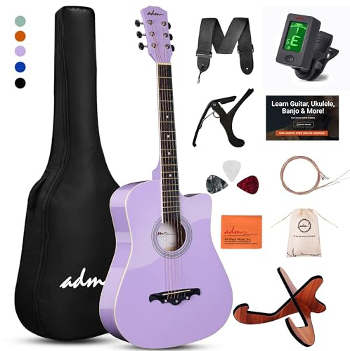 ADM 38 Inch Acoustic Guitar Bundle for Beginners Adults with Online Lesson, Cutaway Wood Acustica Guitarra Starter Set Package with Gig Bag, Strap, Steel Strings, Picks, Capos, Stand, Purple 1