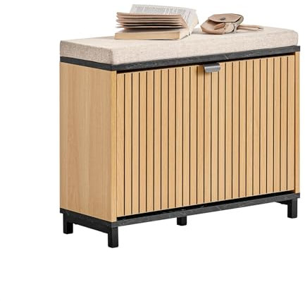 SoBuy Schuhbank Sitzbank mit Stauraum – Schuhregal Schmal mit Klappfach & Sitzfläche – Flur Schuhschrank für 47 EU Größe – Holzoptik, Marmor Schwarz, 113kg Tragkraft – FSR201-N
