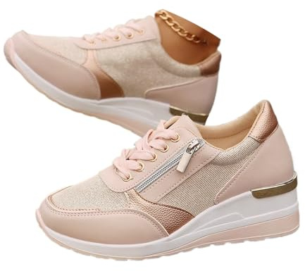Zapatillas de cuña para mujer, zapatos de plataforma para mujer con cordones cómodos clásicos pumps zapatillas deportivas zapatos de tacón de cuña de moda casual con cremallera zapatillas, Pink, 0 UK