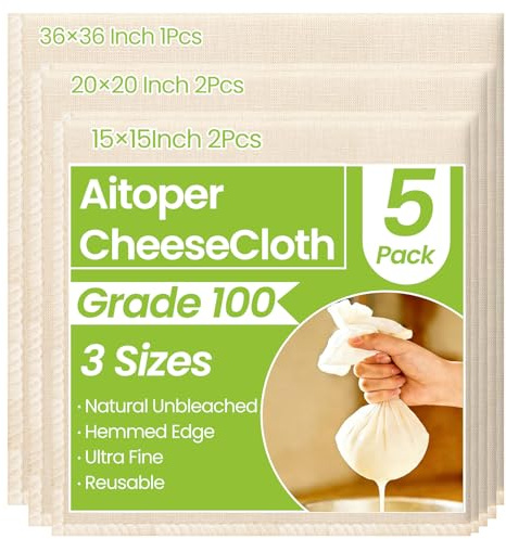 5Pcs Reusable Cheese Cloths, Grade 100, (15x15Inch x2 + 20x20Inch x2 + 36x36Inch), 100% Unbleached Cotton, Ultra Fine Mesh for Cooking, Straining, Crafts,Baking, Hemmed Edges