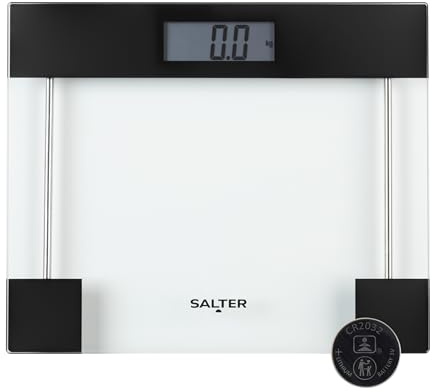 Salter Clear Glass Bathroom Scale – Body Weight Measurements, Toughened Platform, 180KG/400lbs Capacity, LCD Digital Display, Compact, Instant Readings, Kg/St/Lbs, Transparent/Black