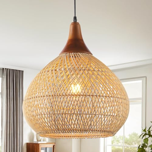 Schindora Bambou Et Bois Suspension Luminaire,Noyer Luminaires IntéRieur E27 Boho Cuisine Lampe Tissé à La Main Vintage Decoration Lustre salon Pour Chambre Salon