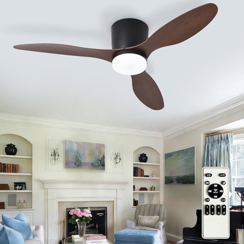 Depuley Flush Mount Ceiling Fan: 42-Inch Black Ceiling Fans with Lights for Indoor Outdoor - Low Profile Ceiling Fans with Remote Control 24W 3CCT Dimmable 3 Reversible Walnut Blades 6 Speeds
