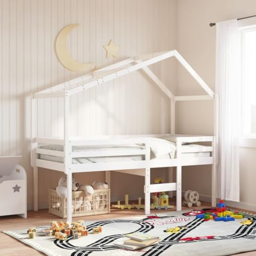 YuuSsea Hochbett mit Dach Weiß 80x200 cm, Massivholz Kiefer, Spielbett für Kinderzimmer, sicheres Design, platzsparend