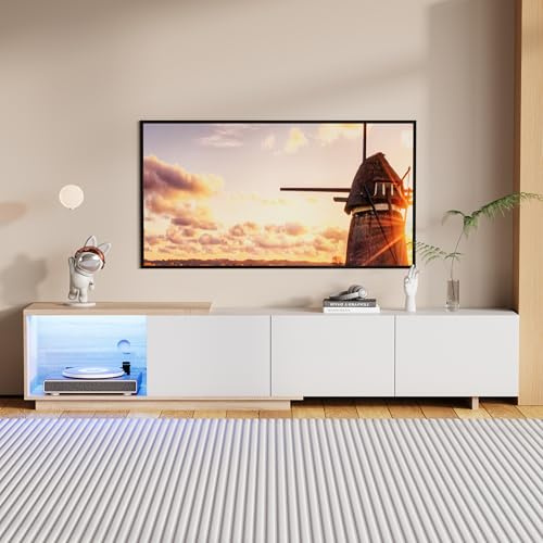 TV Schrank mit Led,Fernsehtisch mit 3 Schubladen Fernseher Schrank TV Lowboard Stehend Fernseher Kommode TV Board mit Offenen Stauraum für Wohnzimmer, Esszimmer, Schlafzimmer (Weiß, 240x38x44cm)