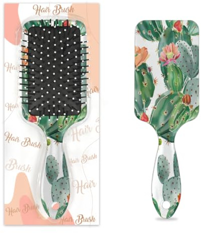 Watercolor Cactus Flowers Desert Plants Hair Brush, Detangling Hair Brush for Thick, Curly Hair, Air Cushion Massage Comb, Premium Ladies Gift for All Hair Types