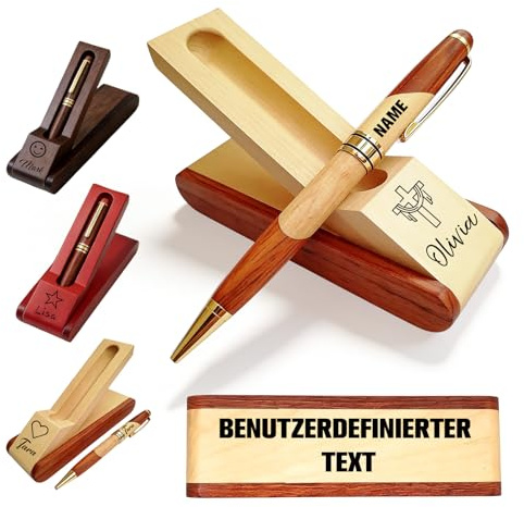 Personalisierter Kugelschreiber Holz mit Federmäppchen Ständer Set Gravur Namen Personalisierte Holzkugelschreiber Kasten Geschenk für Männer Frauen Freunde Kollegen (personalisierter kugelschreiber)