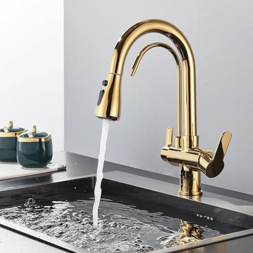 Onyzpily 3 Wege Küchenarmatur mit Ausziehbarer Brause Edelstahl Gold, 3 in 1 Mischbatterie Trinkwasserhahn Küche Wasserhahn für Wasserfilter Küchearmatur