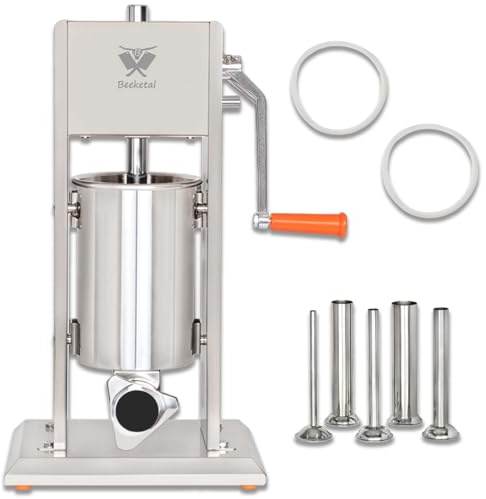 Beeketal 'BT03' Edelstahl Industrie Wurstfüllmaschine (3 L Volumen) SGS-geprüft, Profi Wurstfüller mit gehärtetem 2 Gang Vollmetall-Getriebe und 90° Aluguss Handkurbel, inkl. 5 Fülltüllen