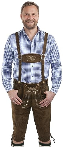 Herren Hopfen und Malz Trachtenlederhose Kniebundhose mit Hosenträgern Volksfest Original Trachten Lederhose Kniebund (60, mittelbraun)