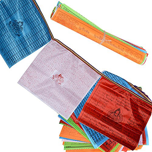 14metros 40hojas Banderas de Oración Banderines Tibetano Budista (34x34cm) para Suerte Felicidad Longevidad Prosperidad (7mx2cadenas)