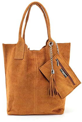 Made IN Italy Damen XXL Leder Tasche + Schmucktasche Handtasche Wildleder Shopper Schultertasche Fransen Umhängetasche Quaste Kette DIN-A4 Hobo Tote Bag Braun
