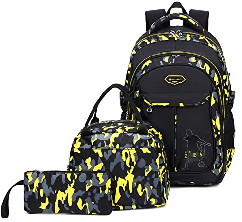 Sac a Dos Garcon, Cartable Camouflage Sets de Sacs Scolaires 3 en 1 Grande capacité Sac d Ecole École Intermédiaire Secondaire Sac Ecole College pour Enfant Adolescent Garcon Filles, Jaune, Taille