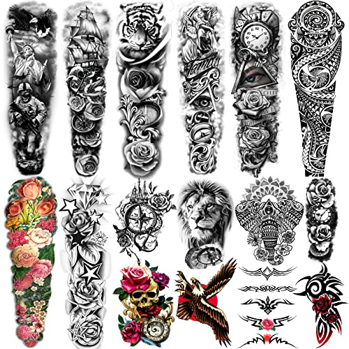 Yazhiji 16 ark extra stora tillfälliga tatueringar 8 ark falska tatueringar med full arm och 8 ark halvarmade tatueringar för män och kvinnor