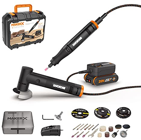 WORX MakerX 20V Cordless 2-Tool Kit WX990 Rotary Tool & Angle Grinder | Includes Rotary Tool, Angle Grinder, MakerX Hub, 35-Piece Accessory Set, PowerShare, 20V Battery & Charger