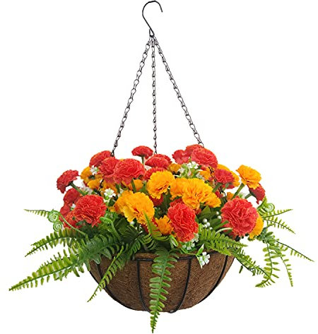 Zuhause und draußen Warme Dekoration Seide Künstliche Gelb Orange Nelke Blumen Und Kunststoff Farn Persisches Gras Schöne DIY Kette Hängender Korb Blumentopf (Medium Basket)