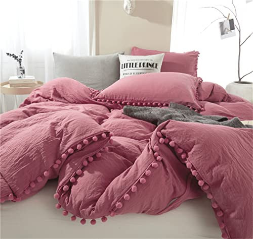 IHOUSTRIY Duvet Cover Queen Size,100% Washed Microfiber 3pcs Bedding Duvet Cover Set, Pom Poms Fringe Solid Color Soft and Breathable with Zipper Closure & Corner Ties (Old Pink, Queen)