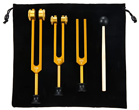 ETERMETA Stimmgabel-Set (128 Hz, 256 Hz, 512 Hz), Stimmgabel, medizinisches Heilinstrument (3 Stück) für Chakra, Schallschiebergabel mit Hammer, Aufbewahrungstasche und Reinigungstuch (Gold) | Klanginstrumente Stimmgabel Chakra mit Hammer, Aufbewahrungstasche und Reinigungstuch