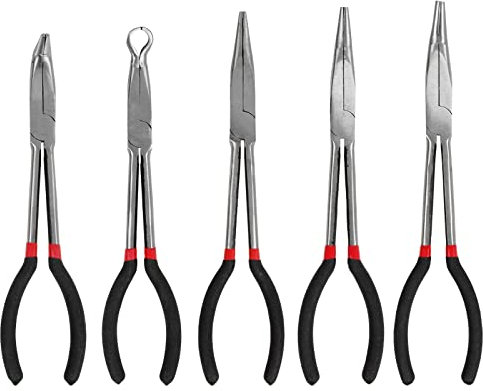 Lot de 5 Pinces à Long Bec Aiguille de Précision de 11 Pouces, Outil de Réparation - Droite, Angle de 25, 45, 90 Degrés, Pince Circulaire Longue Portée, Parfaite pour Carrosserie de Voiture
