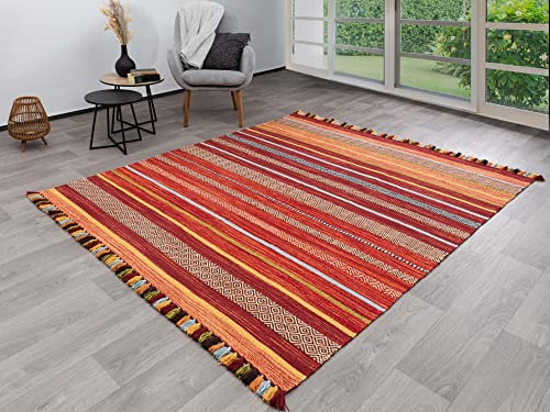 Steffensmeier Handwebteppich Turbat | Antistatisch | 100% Baumwolle | Rot, handgewebt, Größe: 80x150 cm