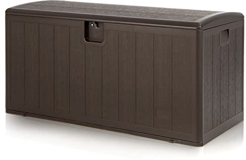 TANGZON 400L Garden Storage Box, Waterproof Outdoor Storage Deck Box with Lockable Cover, Patio Deck Boxes Storage Bin for Cushions Pillows Pool Supplies Tools Furniture Sports Equipment, Wood Effect