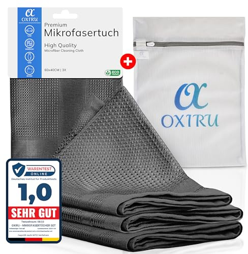 OXIRU Mikrofasertücher 40x60 Set - Poliertuch, Fenstertücher Streifenfrei, Geschirrtücher Mikrofaser, Tücher für Hochglanzfronten, Glastücher, Autopflege - Putzlappen Staubtuch Microfasertücher Auto