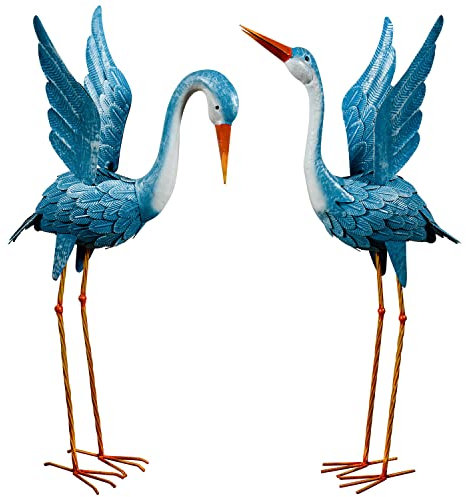 XONOR Crane Garden Statues Outdoor, Blue Heron Decoy Sculpture, Metal Yard Art Bird Statues for Backyard Pond Patio Porch Outside Decorations (Set of 2) (Blue)