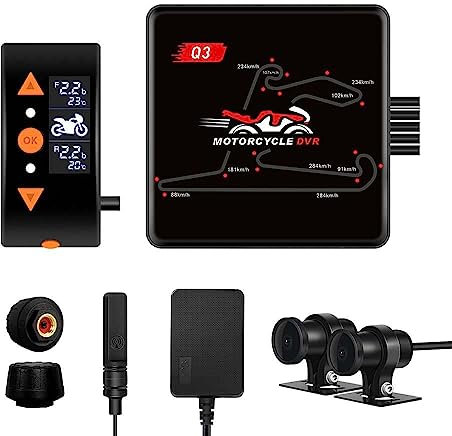 VSYSTO Dashcam Motorrad Front und Heck, 150 ° Weitwinkel Motorradkamera, 1080P Doppellinse Motorrad autokamera, wasserdichte Sportkamera, GPS, WiFi, 24h Parkmodus, Starlight Nachtsicht, OLED, TPMS