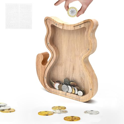 TOTHDATE Holz Spardose Kinder - Katze, Tiere Spardose mit Alphabet Aufkleber Hölzerne Münze Bank Kids Junge Home Decor