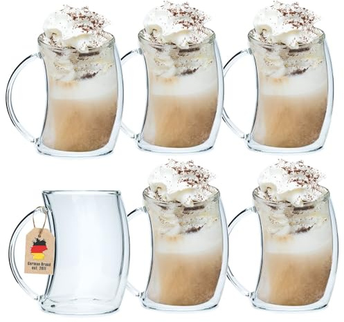 INTIRILIFE 6x vaso termo de doble pared - estilo curvo - capacidad 200ml - juego de vasos- efecto flotante, boca soplada aislada para latte macchiato, como vaso de té o vaso de café con Henkell