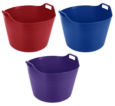 Set of 3-75l Litre Flexi Tub Extra Large Rubber Storage Container Washing Basket Trug Flexible Colour Bucket Large Flexi Robust bucket For Home Garden- MADE IN U.K.(Blue, Red & Purple)