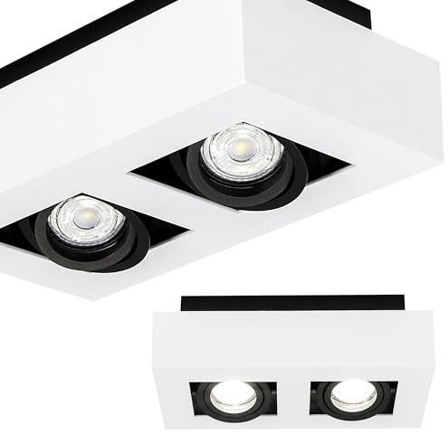 EDO Deckenstrahler GU10 OSMIN RIM 2-flammig Weiß/Schwarz – Quadratische Aufputz-Deckenleuchte – Moderne Doppelspot mit Verstellbarem, Austauschbarem Ring für Wohnzimmer, Schlafzimmer, Küche