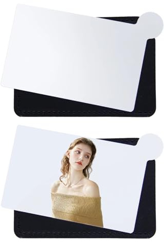 Abvsdu 2 Pcs Pocket Mirror, Stainless Steel Makeup Mirrors Credit Card Mirrors Small Compact Purse Mirror Rectangular Handheld Travel Makeup Mirrors with Leather Case Holder for Women Men (Black)