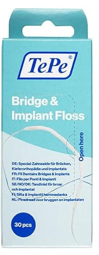 TePe Filo per Ponti e Impianti, filo interdentale pfas-free, 30 pezzi, filo interdentale largo adatto per apparecchi ortodontici, ponti e impianti, filo efficace per rimozione della placca tra i denti