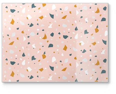 DEQORI Schneidebrett aus Glas | groß 40x30 cm | Motiv Rosa Terrazzo-Zauber | Design Schneideplatte für Küche | Frühstücksbrett antibakteriell & rutschfest | Glasplatte & Servierplatte